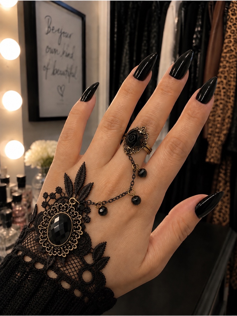 Eleanor ShuMark Black Lace Gothic Hand Chain Bracelet Ring NWT